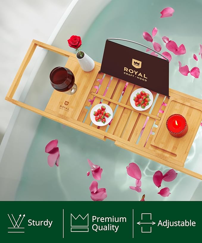 ROYAL CRAFT WOOD Premium Foldable Bathtub Tray - Wood Bath Tray for Tub, Bamboo Shelf, Expandable Bath Table Trays, Bathtub & Bathroom Accessories for New Home & Mothers Day & Birthday Gifts for Mom