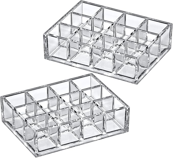 Amazing Abby - Allure - 2-Pack 12-Slot Acrylic Lipstick Organizer, Lipstick Holder, Lip Gloss Holder, Cosmetic Storage Display, Perfect Storage Solution for Drawer and Vanity (Slot Size: 1.0" x 1.0")