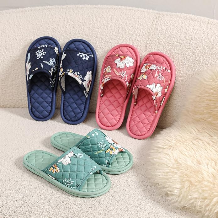 3 Pairs Floral Cotton House Slippers for Women, Open Toe Indoor Slippers Comfortable Washable Portable Foldable Guest Travel Hotel Airplane Spa Slippers