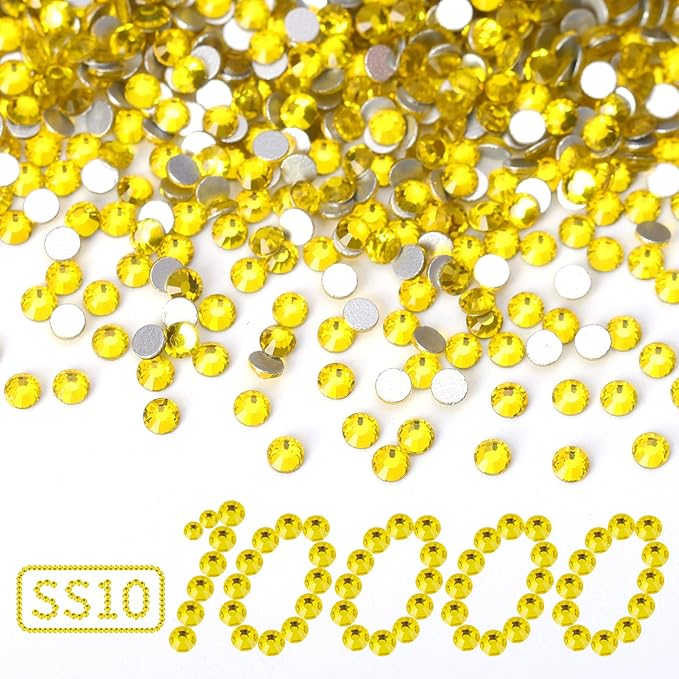 10000PCS Lemon Yellow Rhinestones Bulk, Flat Back Crystal Glass Stone Round Gems,SS10, 2.7-2.9mm