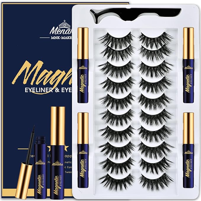 Magnetic Eyelashes with Eyeliner Kit- 3D Cat-eye Magnetic Lashes Kit with Applicator,Updated 4 Tubes of Magnetic Liner & Natural Look, Reusable, Easy to Apply 10 Pairs