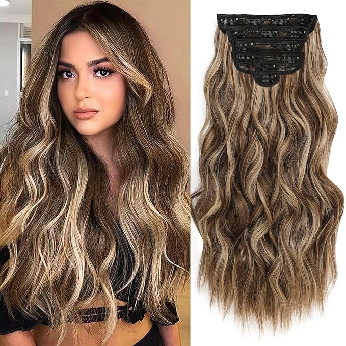 Clip in Hair Extensions for Women - 20 Inch Long Wavy Brown Extensions, 6PCS Hairpieces that Blend Naturally with Your Real Hair (20 Inch, Chocolate Brown&Honey Blonde)