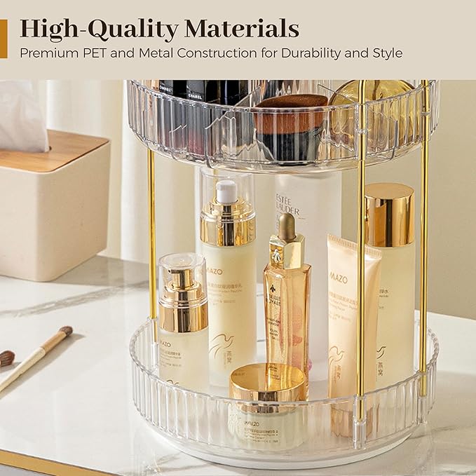 Aveniee 360 Rotating Makeup Organizer for Vanity, Upagraded Perfume Skincare Bathroom Counter Organizers with Brush Divider, Two Tier Spinning Lipstick Cosmetic Makeup Lotion Storage Organizer(White)