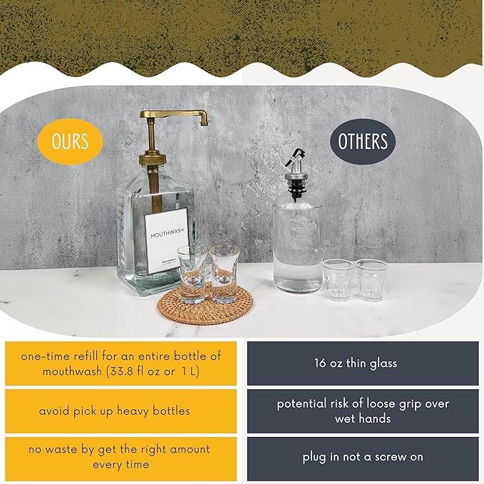 eBun Goldengleam Glass Mouthwash Dispenser (Gold Plastic Pump) 37oz Mouthwash Pump Dispenser, Mouth Wash Holder with Rinse Cup, Mouth Wash Glass Bottle, Decanter, Large Bottle for Bathroom Set