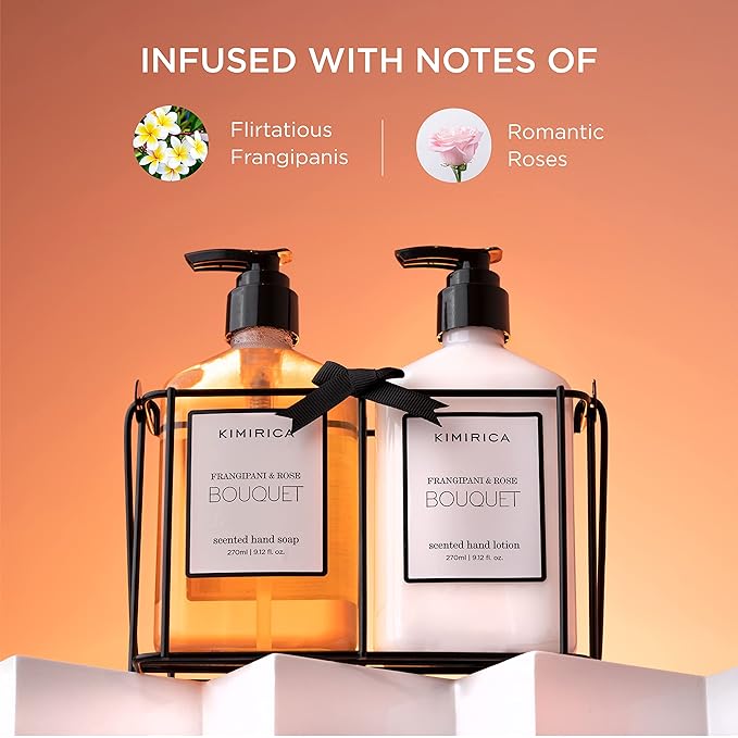 Frangipani & Rose Hand Care Duo | Moisturizing Hand Wash & Lotion Set with Floral Scent | Nourishing, Non-Drying, Elegant Sink Set for Bathroom or Kitchen | 9.13 Fl Oz (Pack of 2)