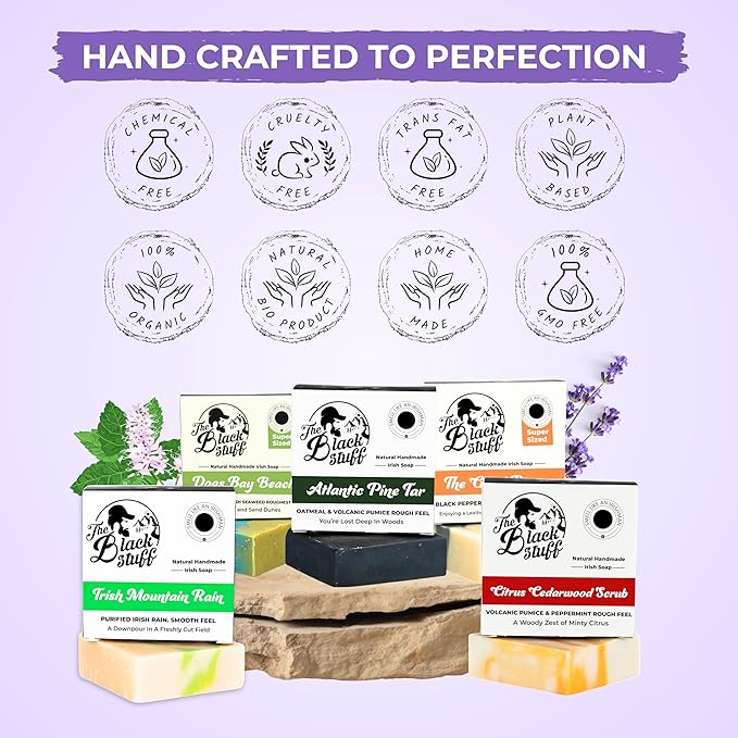 All Natural Bar Soap for Men Handmade Cold Process with Organic Ingredients and Essential Oils Mens Soap - Pine Tar, Citrus Cedarwood, Irish Mountain Rain, Good Room, Dogs Bay Beach Pack of 5