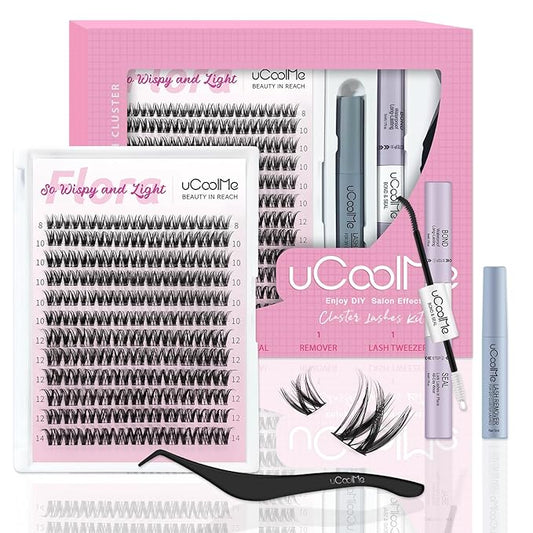 Flora Lash Clusters Kit 8-14mm Individual Lashes D Curl Spiky Cluster Lashes Kit Wispy Eyelash Clusters DIY Eyelash Extension kit with Lash Bond and Seal 0.05mm Ultra-Thin Black Lash Band DIY at Home