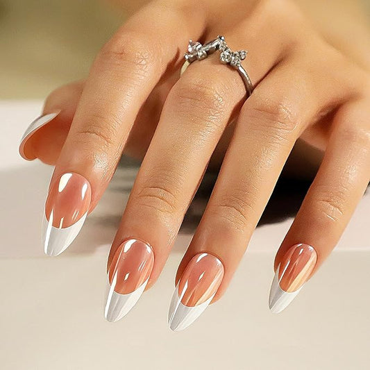 Almond Press On Nails - Medium, Mirror White Sheen French Tip, 300 PCS in 15 Sizes, 2 Colors, Chrome Glazed Glue On Nails for Daily Use and Gifts