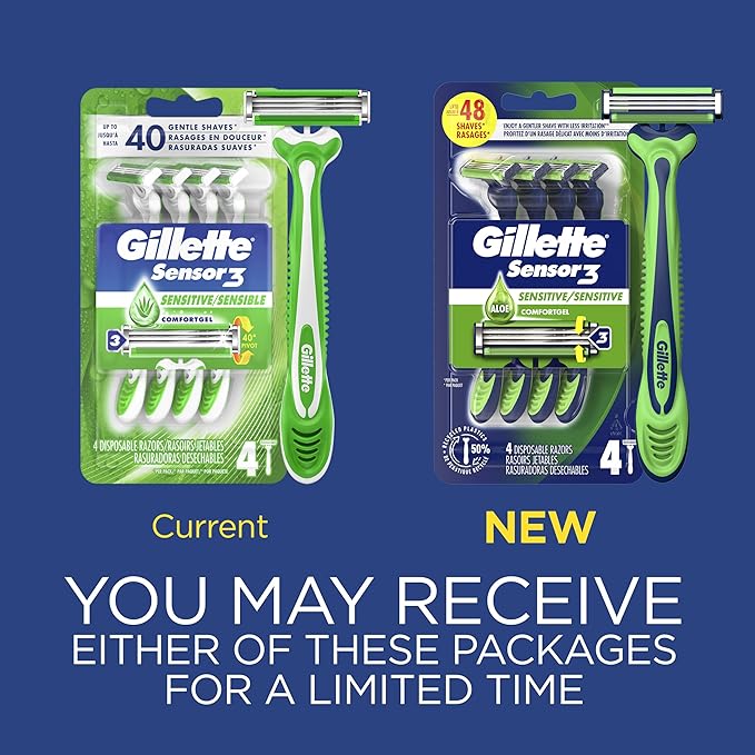 Gillette Sensor3 Sensitive Men's Disposable Razor, 4 Razors