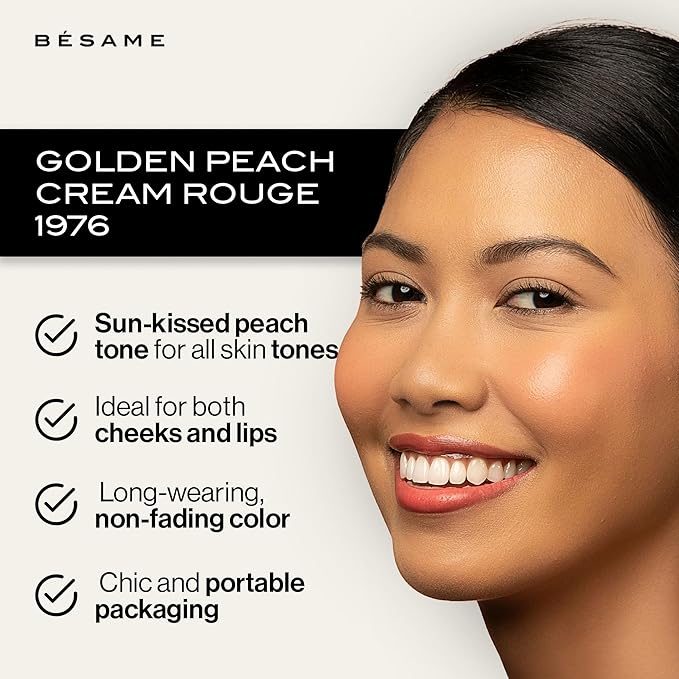 BESAME Golden Peach Cream Rouge - 1976, Highly Pigmented, Matte Finish, Multi-Use for Lips and Cheeks, Vintage-Inspired Reusable Tin, Long-Wearing, Sensitive Skin Friendly