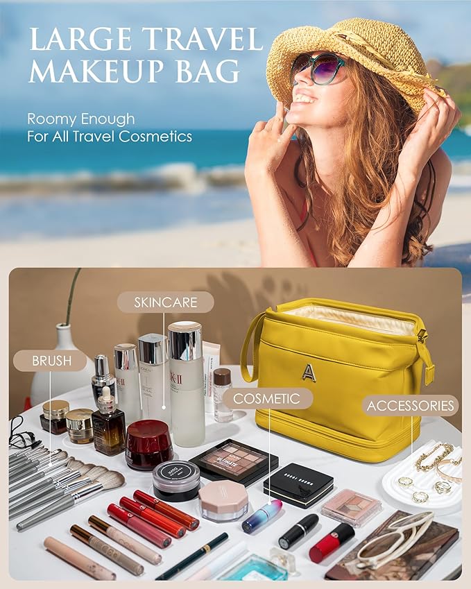 Cool Gifts for Female Friends, Initial Makeup Bag, Travel Gifts, Personalized Bags, Waterproof Double Layer Cosmetic Bag, Large Capacity PU Leather Makeup Bags Letter Travel Toiletry Bag