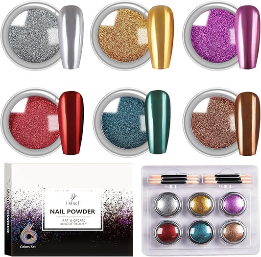 Chrome Nail Powder Metallic Mirror Pigment Dust for Gel Manicure Nail Art Decoration Silver Gold Red Purple Blue Brown 6 Colors Kit 0.5g/Jar (TA 6 Pcs Set-02)