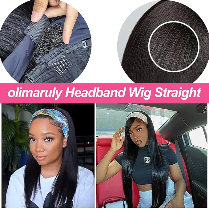 22 Inch Headband Wigs for Black Women Straight Headband Bob Wigs Glueless Black Straight Wig 180% Density No Lace Headband Wig Natural Color Glueless None Lace Front Human Hair
