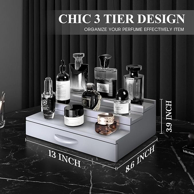 EOSAHR Cologne Organizer for Men - 3 Tier Perfume Stand Organizer with Storage Drawer and Hidden Compartment - Great Gift for Dad & Boyfriend (Gray)