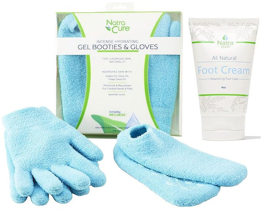 NatraCure Moisturizing Gel Gloves and Socks Gift Set (Color: Aqua) with NatraCure Foot Cream and Lotion Bundle