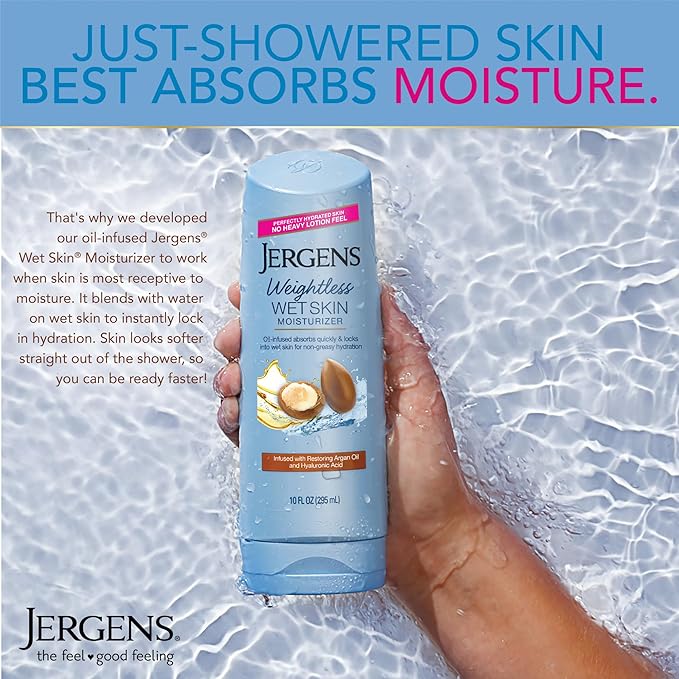 Jergens Wet Skin Body Moisturizer with Restoring Argan Oil, In Shower Lotion, Moisturizer for Dry Skin, Fast-Absorbing, Non-Sticky, 10 Ounces (Pack of 4), Dermatologist Tested (Packaging May Vary)