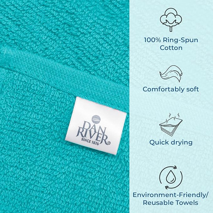 DAN RIVER 100% Cotton Washcloths 24 Pack Premium Quality Face and Body Cloth, Quick Dry Essential Towels for Bathroom, Hand, Kitchen & Cleaning, Baby Washcloths | 12X12 in | 400 GSM | Aqua