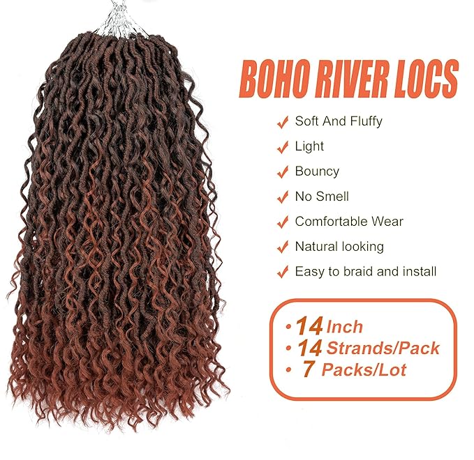 Aipin Goddess Locs Crochet Hair 14 Inch Boho River Locs Hippie Locs Wavy Crochet With Curly Hair In Middle And Ends Braids Hair Extensions (7Packs,14 inch, T350)