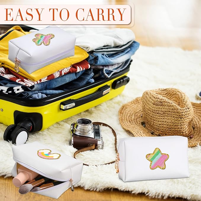 Sanwuta 9 Pcs Preppy Makeup Bag PU Leather Cosmetic Bag Makeup Pouch Plain Waterproof Toiletry Organizers for Traveling Preppy Travel Purse End of the Year Teacher Gifts Bulk(White)