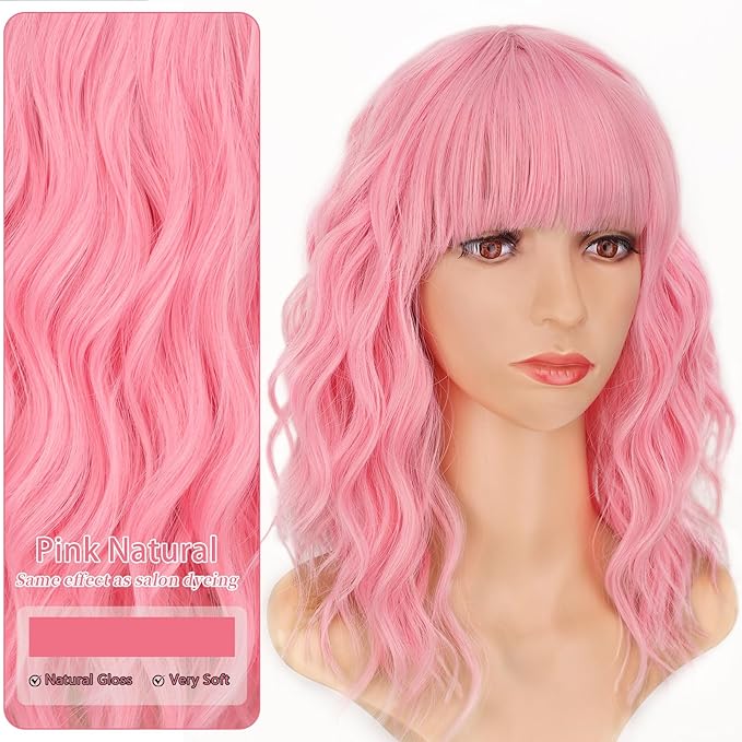 AISI HAIR Curly Bob Wig with Bangs Short Wavy Pink Color Wigs for Women Bob Style Synthetic Heat Resistant Bob Wigs