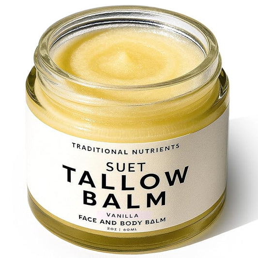Suet Beef Tallow + Raw Honey Balm for Skin with Vanilla Essential Oil, Natural Grass Fed Tallow Moisturizer for Face and Body (2oz)