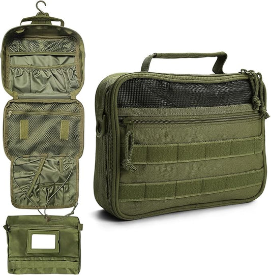 SMONT Mens Toiletry Travel Bag With Double Side full Open Design Travel Toiletry Organizer Dopp Kit Shaving Hygiene Bag Bathroom Hanging Toiletry Bag for Short Trips Tactical Toiletry Bag Army Green