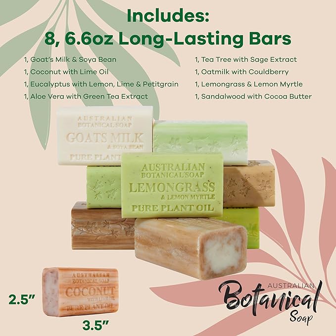 Australian Botanical Goat Milk Soap, 6.6 OZ Bars Eucalyptus, Sandalwood, Coconut, Oat Milk, Aloe Vera, Lemongrass, and Tea Tree, Goat Soap Enriched with Organic Shea Butter, Variety Pack of 8
