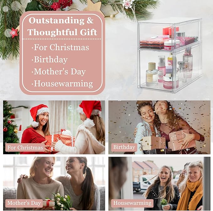 Homecor Clear Makeup Organizer Set of 2, Large Bathroom Storage Drawers, Cosmetic Storage for Vanity Dresser Countertop, Beauty Holder for Lipstick Brush Skincare Valentine's Day Gifts for Her(L+M)