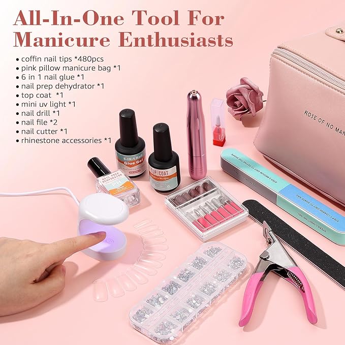 Gel Nail Kit for Beginner, Gel Nail Tips and Glue Gel Kit with 6 in 1 Nail Glue, Nail Prep Dehydrator, Top Coat and 480PCS Coffin Nails Tips Fake Nails Kit Easy Nail Extension Set