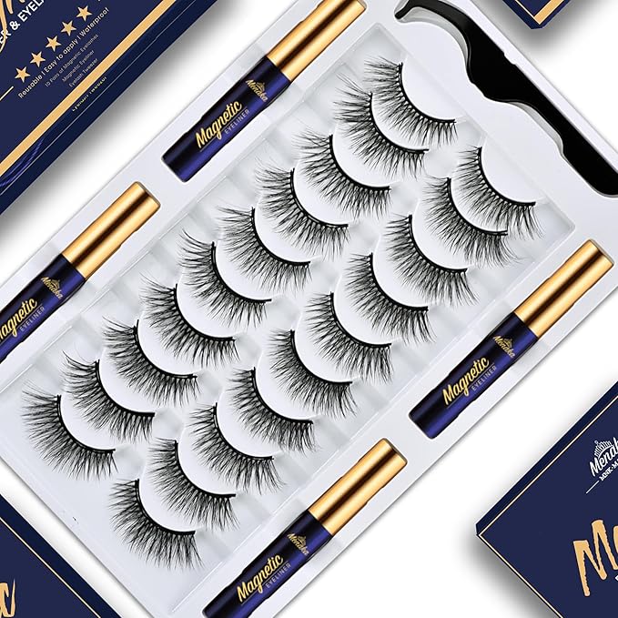 Menaka Magnetic Eyelashes Natural Look, 10 Pairs 3D Magnetic Lashes Kit with Applicator, 4 Tubes of Magnetic Liner, Updated Strongest Waterproof.Reusable Magnet Fake Eyelash.