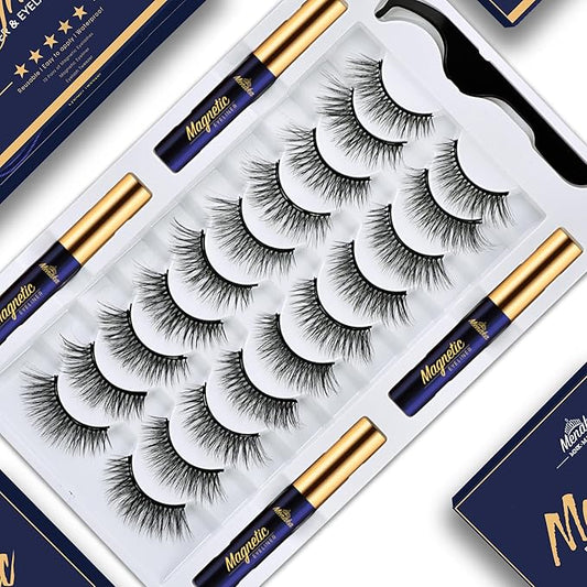 Menaka Magnetic Eyelashes Natural Look, 10 Pairs 3D Magnetic Lashes Kit with Applicator, 4 Tubes of Magnetic Liner, Updated Strongest Waterproof.Reusable Magnet Fake Eyelash.
