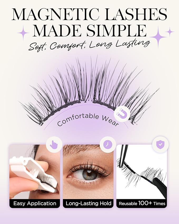 BEYELIAN Soft Magnetic Eyelashes, Reusable Magnetic Lashes with Applicator Natural Look No Glue Needed Comfortable & Secure Fit for All-Day Wear (1 Pair,SME01)