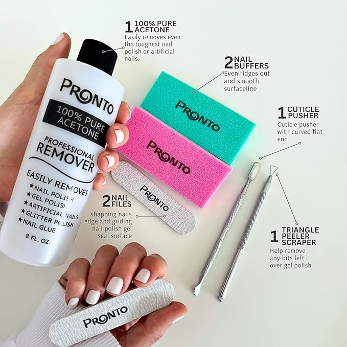 Pronto Gel Nail Polish Remover Kit – 8 Oz Pure Acetone 100 Percent, Nail File, Nail Polish Soak Off Bowl, Cuticle Oil for Nail Care + Manicure Set with Nail Buffer Block, Cuticle Pusher & Nail scraper