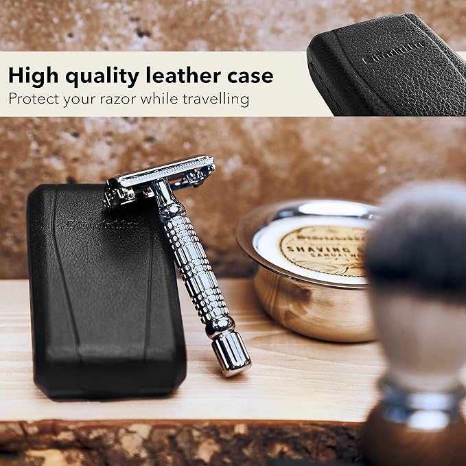 Störtebekker® Premium Men's Safety Razor ‘Hamburg’ - incl. handmade leather case with built-in mirror, 10 Störtebekker blades & shaving guide - First Class Wet Razor shaving set - Gift Idea for Men