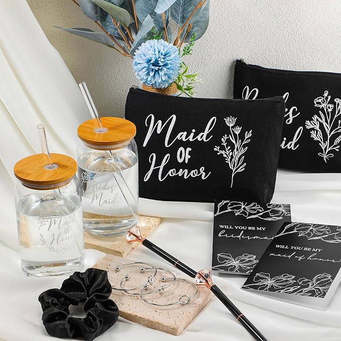 Irenare 36 Pcs Bridesmaid Proposal Gifts Bridal Shower Gifts 16 oz Glass Cup Cosmetic Makeup Bags Invited Cards Scrunchies Hair Knotted Bracelets Diamond Pens Favors for Wedding (Black)