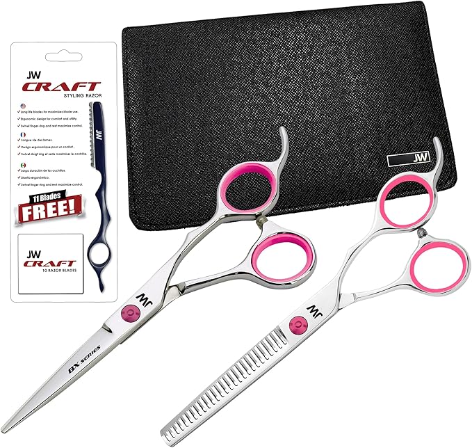 JW Shears Professional Hairdressing Shear, Thinner, Razor and Case Set (5.25" Silver/Pink)