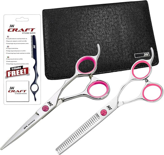 JW Shears Professional Hairdressing Shear, Thinner, Razor and Case Set (5.25" Silver/Pink)