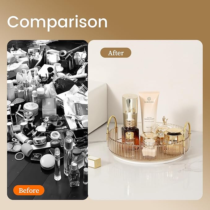 360 Rotating Makeup Organizer for Vanity, Skincare Perfume Tray, Bathroom Counter Make Up Organizers and Storage, Clear Cosmetics Lipstick Spinning Holder for Dresser(Gold)