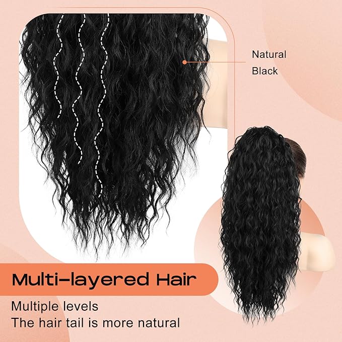 Ponytail Extension, SEIKEA 22" Long Lightweight Full Natural Curly Drawstring Ponytail Fake Pony Tail Multi Layered Soft Clip in Hair Extensions Ponytail Synthetic Hairpiece