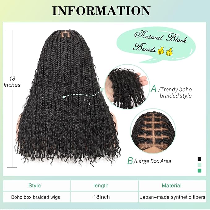 18" 13x8 Inch HD Lace Front Boho Box Braided Wigs Short Knotless Braid Wig for Women Full Braided Lace Front Wig With Baby Hair Balck Natural Color