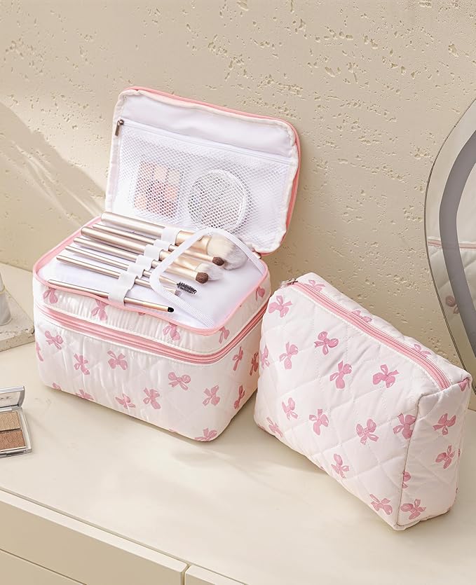 HBselect 2Pcs Travel Makeup Bag, Large Cotton Quilted Makeup Bag Cosmetic Bag Cute Make up Bag Toiletry Bags for Women Girls