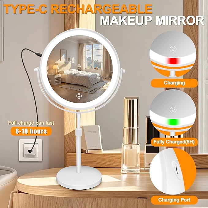 10x Large Lighted Makeup Mirror, Rechargeable 8.7" Double-Sided Vanity Mirror with 3 Color Dimmable Lights, 1X/10X Height Adjustable Magnifying Mirror, 360° Swivel, for Women Girl(White)