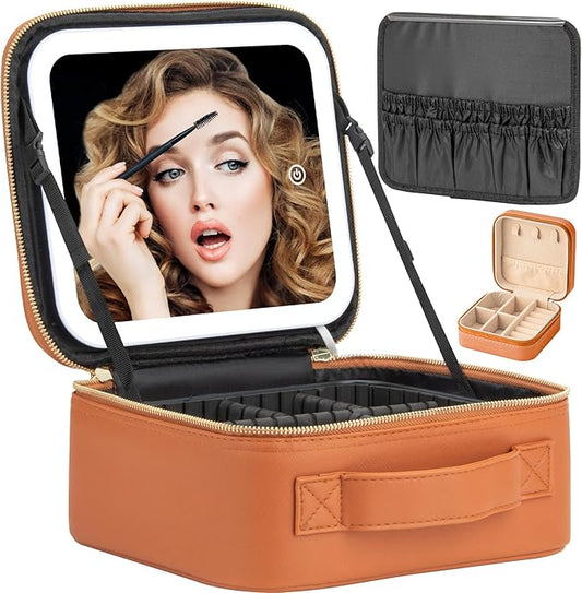 Makeup Travel Train Case with Mirror LED Light 3 Adjustable Brightness Cosmetic Bag Portable Storage Adjustable Partition Waterproof Makeup Brushes Makeup Jewelry Gift for Women (Brown)