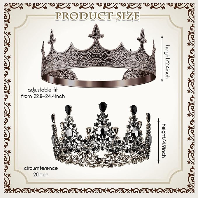 Sureio 2 Pcs Antique Royal King Crown for Men Baroque Queen Crown for 2025 Graduation Prom Party Crystal Tiara Prom Cosplay Birthday Wedding Hair Headband Accessories(Stylish Style)