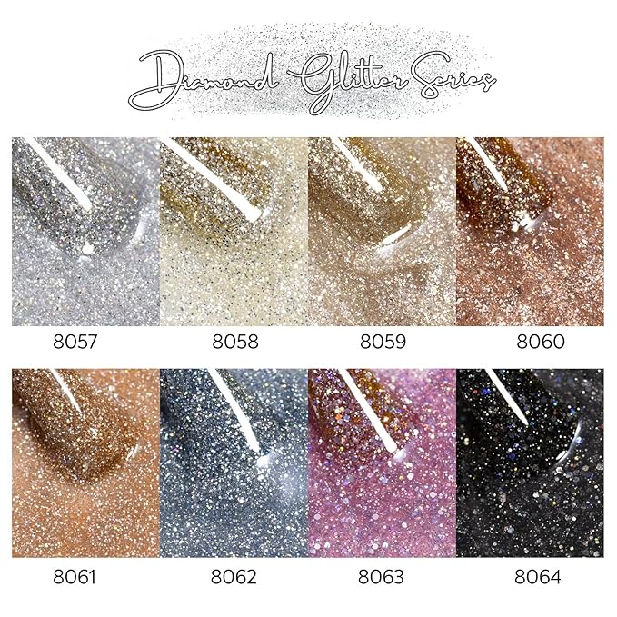 CANNI 8 Pcs 9 ML Glitter Diamond Gel Nail Polish Set, Shimmer Sparkly Shiny Black Gold Silver Blue Green Purple Colors Gel Polish Kit Soak Off Led Nail Art Manicure Salon DIY