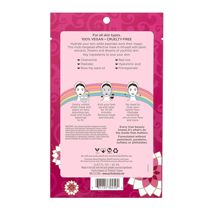 Pacifica Disobey Time Anti-Aging Facial Sheet Mask 6-Pack – Hydrating Rose & Peptide Mask for Dry Skin, Infused with Hyaluronic Acid & Green Tea, Fights Fine Lines, Vegan & Cruelty-Free