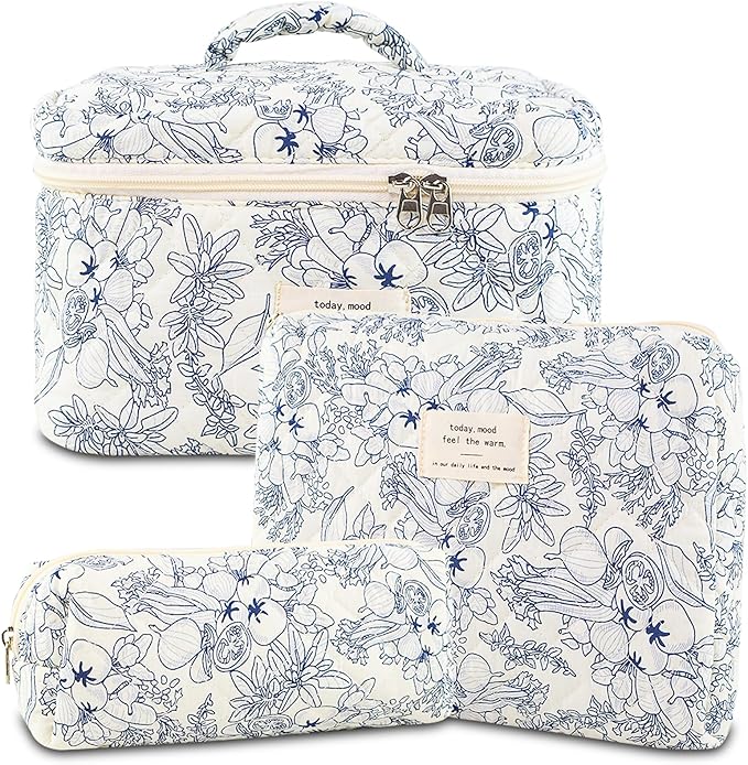 Makeup Bag, 3 PCS Quilted Makeup Bag, Cute Floral Cotton Cosmetic Bag set, Coquette Makeup Pouch Large Travel Toiletry Bag
