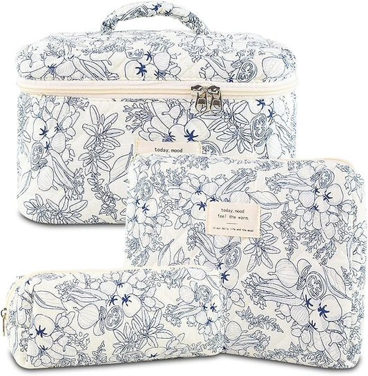Makeup Bag, 3 PCS Quilted Makeup Bag, Cute Floral Cotton Cosmetic Bag set, Coquette Makeup Pouch Large Travel Toiletry Bag