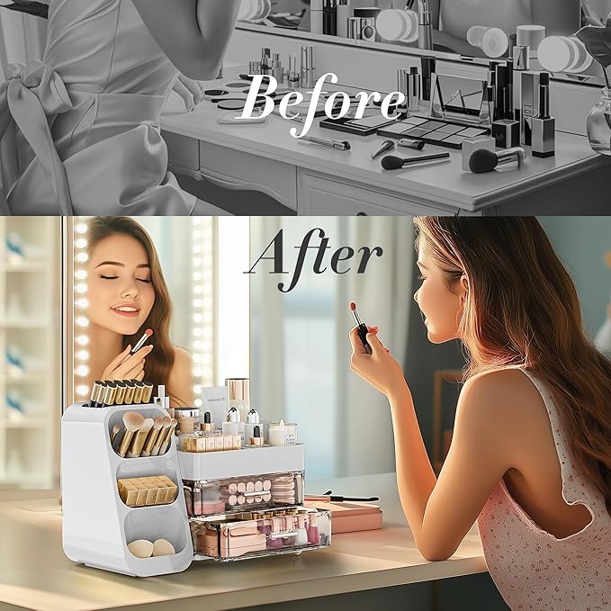 Delamu Makeup Organizer with Drawers for Vanity, Spacious Cosmetic Display Case with Makeup Brush Holder, Perfect Vanity Bathroom Organizer and Storage Solution for Skincare & Beauty Essentials, White