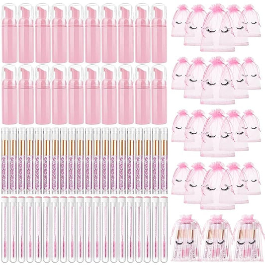 Zhehao 80 Pcs Lash Shampoo Bottle Brushes Kit 20 Foam Pump Dispensers 20 Lash Shampoo Brushes 20 Eyelash Aftercare Bag 20 Cleaning Pipes, Eyelash Extension Supplies(Pink)